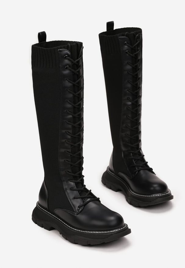 Renee - Czarne Kozaki Workery z Elastyczną Cholewką Sznurowane Isdrishe. Wysokość cholewki: przed kolano. Kolor: czarny. Materiał: jeans, materiał. Szerokość cholewki: normalna. Sezon: jesień