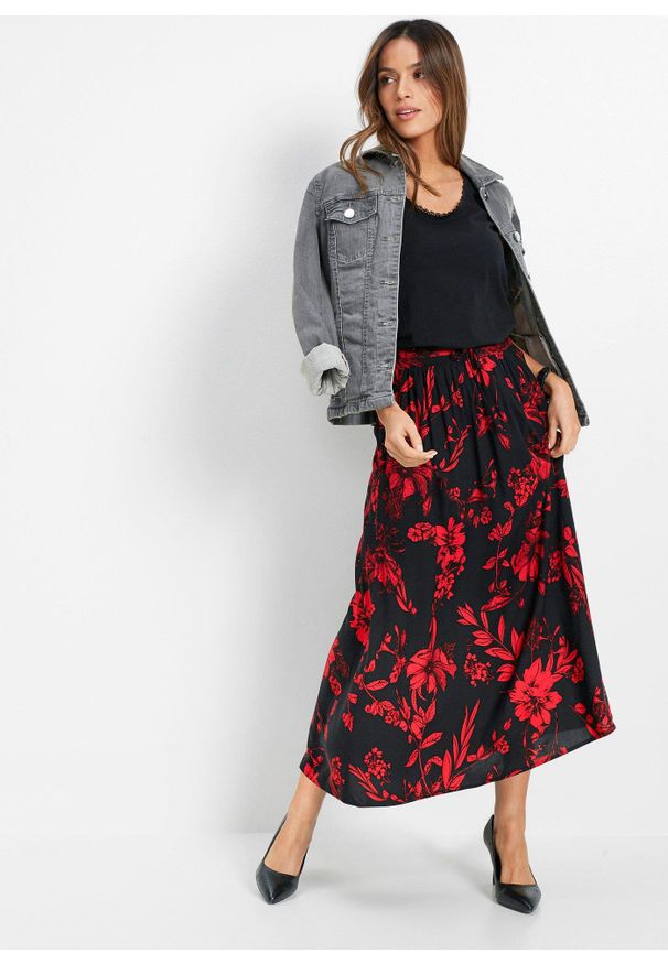bonprix - Spódnica maxi z wiskozy z wygodnym ściągaczem w talii z wiązanym paskiem. Kolor: czarny. Materiał: wiskoza. Wzór: nadruk
