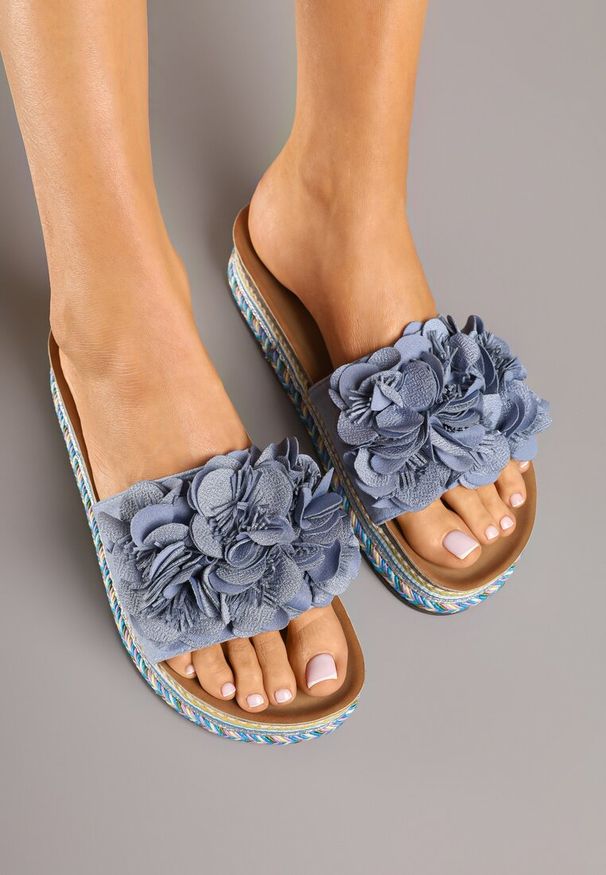 Renee - Niebieskie Klapki na Plecionej Podeszwie z Kwiatami 3D Cleoniae. Okazja: na co dzień, na imprezę. Kolor: niebieski. Materiał: jeans. Wzór: kwiaty. Sezon: lato. Styl: elegancki, casual