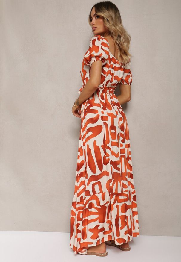 Renee - Pomarańczowa Sukienka z Wiskozy z Trójkątnym Dekoltem i Gumką w Pasie z Materiałowym Paskiem Viketa. Kolor: pomarańczowy. Materiał: materiał, wiskoza. Styl: elegancki