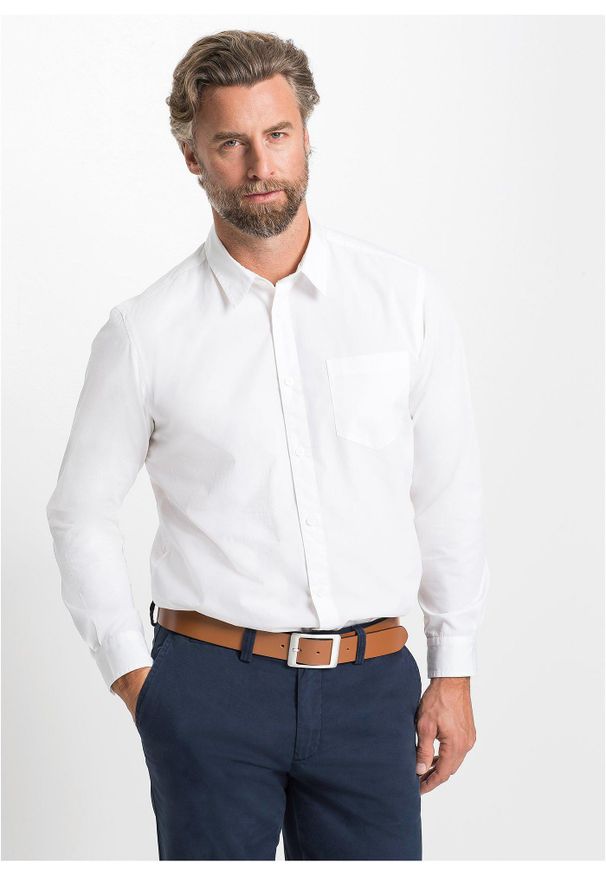 bonprix - Koszula z długim rękawem z czystej bawełny. Kolor: biały. Materiał: bawełna. Długość rękawa: długi rękaw. Długość: długie. Wzór: gładki