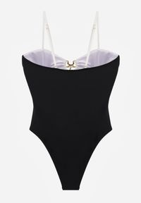 Renee - Biało-Czarny Jednoczęściowy Strój Kąpielowy Na Cienkich Ramiączkach ze Złotymi Ozdobami i Wycięciami Nonanoe. Kolekcja: plus size. Kolor: biały. Materiał: jeans. Wzór: aplikacja #5