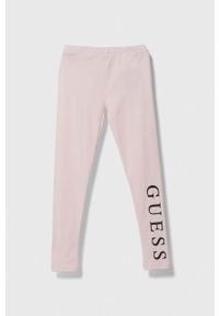 Guess legginsy dziecięce kolor różowy z nadrukiem. Kolor: różowy. Materiał: dzianina. Wzór: nadruk #1