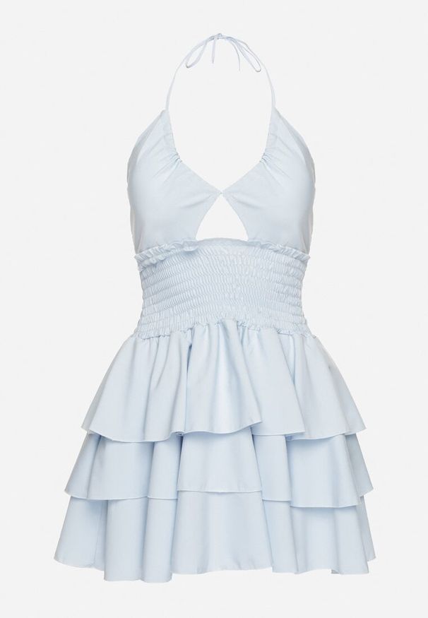 Born2be - Jasnoniebieska Sukienka z Bawełną i Falbankami o Rozkloszowanym Kroju Marelitia. Okazja: na co dzień. Typ kołnierza: kołnierz z falbankami. Kolor: niebieski. Materiał: bawełna. Typ sukienki: rozkloszowane. Styl: klasyczny, casual, elegancki