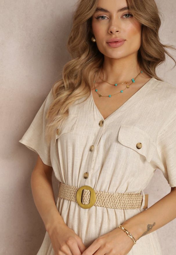 Renee - Beżowa Koszulowa Sukienka Midi z Bawełny z Gumką w Talii i Plecionym Paskiem Emera. Kolor: beżowy. Materiał: bawełna. Typ sukienki: koszulowe. Długość: midi