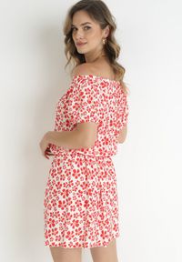 Born2be - Czerwona Rozkloszowana Sukienka Mini z Hiszpańskim Dekoltem i Gumką w Talii z Wiskozy Jassinta. Okazja: na co dzień. Kolor: czerwony. Materiał: wiskoza. Styl: casual. Długość: mini #3