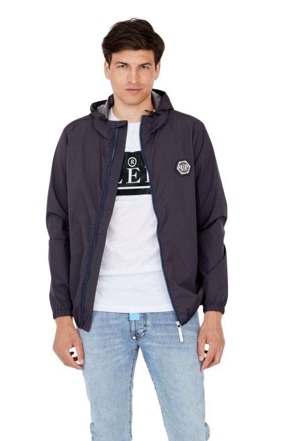 Philipp Plein - PHILIPP PLEIN Męska kurtka wiatrówka granatowa, Rozmiar XXL. Typ kołnierza: kaptur. Kolor: niebieski