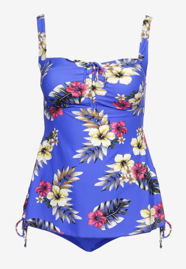 Born2be - Niebieskie Dwuczęściowy Strój Kąpielowy z Topem i Majtkami z Wysokim Stanem Talmeria. Stan: podwyższony. Kolekcja: plus size. Kolor: niebieski. Wzór: kwiaty