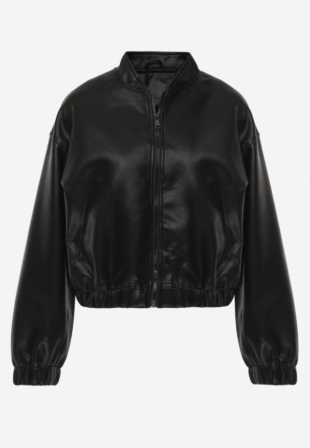 Born2be - Czarna Kurtka Bomberka z Imitacji Skóry o Krótkim Kroju Edalindra. Okazja: na randkę. Kolor: czarny. Materiał: skóra. Długość: krótkie. Wzór: kwiaty