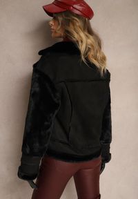 Renee - Czarna Ocieplona Kurtka Biker z Futerkiem i Asymetrycznym Zapięciem Lioyana. Okazja: na co dzień, na imprezę. Kolor: czarny. Materiał: futro. Styl: casual, elegancki #5