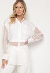 Born2be - Biała Koszula z Transparentnymi Rękawami Silomea. Okazja: na co dzień. Kolor: biały. Materiał: jeans. Wzór: aplikacja. Styl: casual