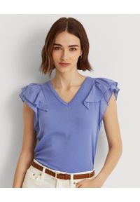 Lauren Ralph Lauren - LAUREN BY RALPH LAUREN - Niebieska koszulka z falbankami. Typ kołnierza: kołnierz z falbankami. Kolor: niebieski. Materiał: jersey. Długość rękawa: krótki rękaw