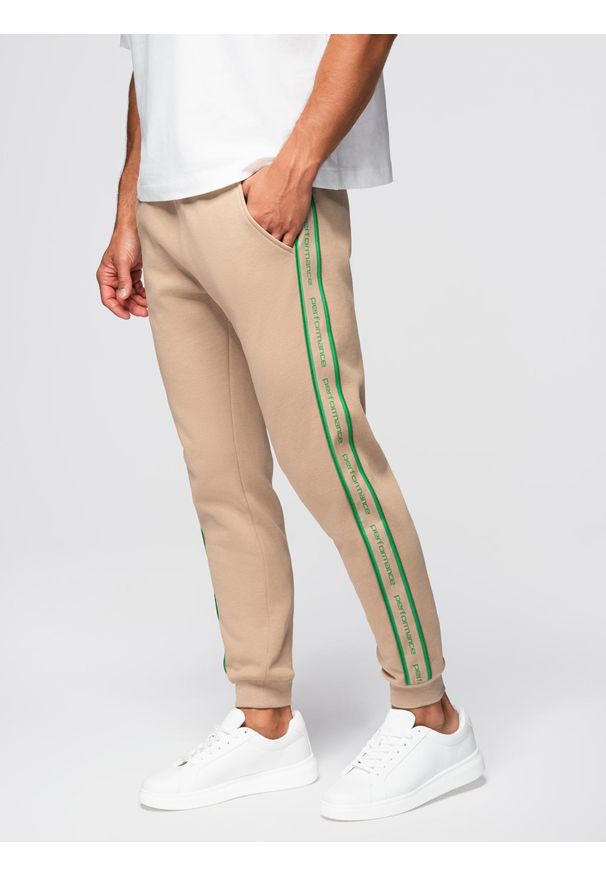 Ombre Clothing - Sportowe spodnie męskie jogger z lampasami – brązowe V1 - Rozmiar: L. Okazja: na co dzień. Kolor: brązowy. Materiał: bawełna, poliester. Styl: sportowy