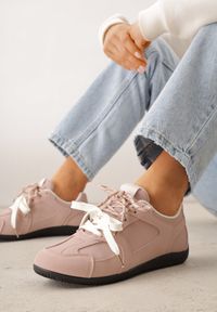 Born2be - Różowe Sneakersy Ozdobione Przeszyciami i Podwójnym Sznurowaniem Coraera. Nosek buta: okrągły. Zapięcie: sznurówki. Kolor: różowy. Materiał: skóra, syntetyk, nubuk. Wzór: aplikacja. Obcas: na obcasie. Wysokość obcasa: niski #2