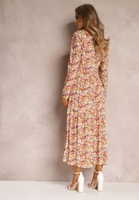 Renee - Pomarańczowo-Fioletowa Sukienka Dorosa. Kolor: pomarańczowy. Długość rękawa: długi rękaw. Wzór: kwiaty. Długość: midi #3