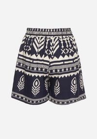 Born2be - Granatowe Szorty z Wiskozy z Wysokim Stanem ze Wzorem w Stylu Etno Lunabella. Okazja: na co dzień. Stan: podwyższony. Kolor: niebieski. Materiał: wiskoza. Styl: etno