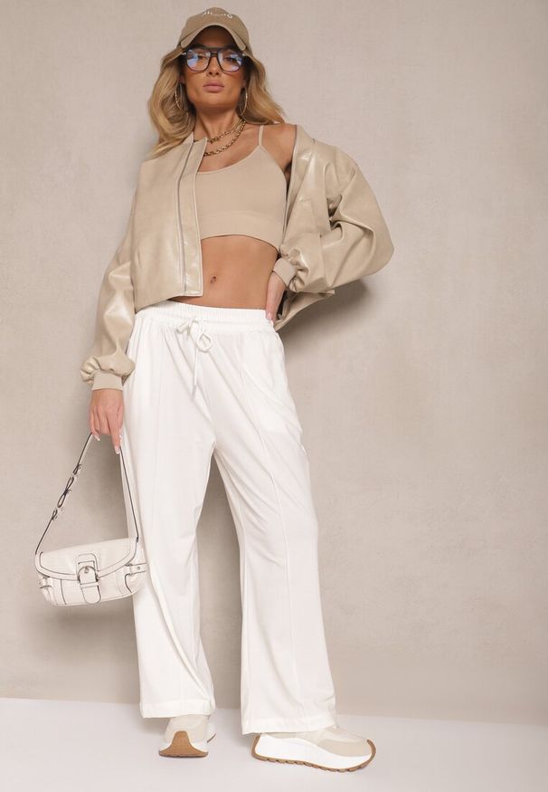 Renee - Białe Spodnie z Wiskozą o Szerokim Kroju High Waist z Wiązaniem Ellivartia. Okazja: na co dzień. Stan: podwyższony. Kolor: biały. Materiał: wiskoza. Styl: elegancki, casual
