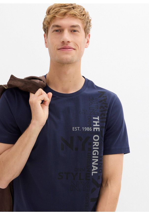 bonprix - T-shirt z bawełny organicznej. Kolor: niebieski. Materiał: bawełna. Wzór: nadruk