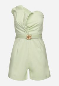 Born2be - Zielony Kombinezon Bez Rękawów Zdobiony Zakładkami i Paskiem z Klamrą Silurea. Okazja: na co dzień. Kolor: zielony. Długość rękawa: bez rękawów. Wzór: aplikacja. Styl: casual, elegancki #7