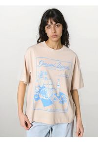 Sinsay - Bawełniana koszulka z nadrukiem - kremowy. Kolor: kremowy. Materiał: bawełna. Wzór: nadruk #1