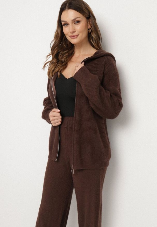 Born2be - Brązowy Komplet z Wełną i Bawełną Szerokie Spodnie i Rozpinana Bluzka z Kapturem Reikania. Kolor: brązowy. Materiał: wełna, bawełna