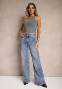 Renee - Niebieskie Jeansy z Bawełny o Kroju Dzwonów High Waist Navrins. Okazja: na co dzień. Stan: podwyższony. Kolor: niebieski. Długość: długie. Styl: elegancki, casual