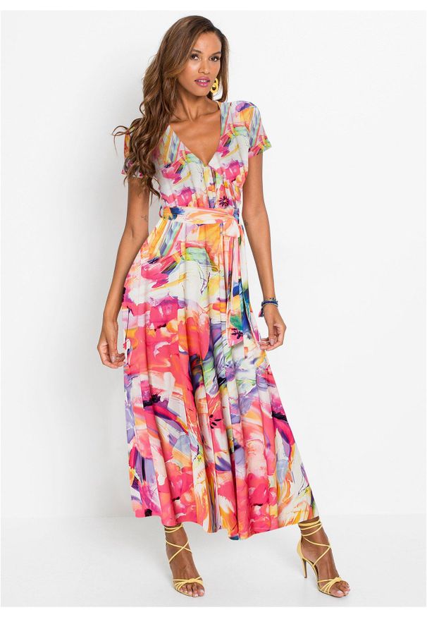 bonprix - Sukienka maxi. Kolor: różowy. Wzór: kolorowy, kwiaty. Sezon: lato. Długość: maxi
