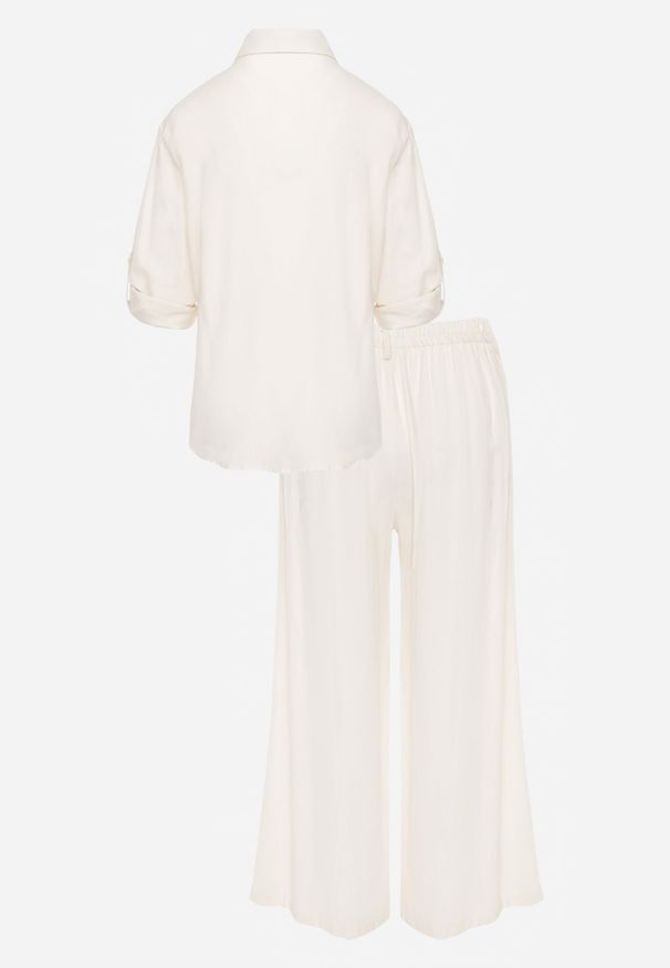 Renee - Beżowy Boho Komplet z Bawełną Koszula i Spodnie z Ażurowymi Zdobieniami Runesa. Kolor: beżowy. Materiał: bawełna. Wzór: ażurowy, aplikacja