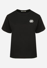 Born2be - Czarny T-shirt z Bawełny z Naszywką Kwiatu Firirene. Okazja: na co dzień. Kolor: czarny. Materiał: bawełna. Wzór: aplikacja, kwiaty. Styl: elegancki, casual #4