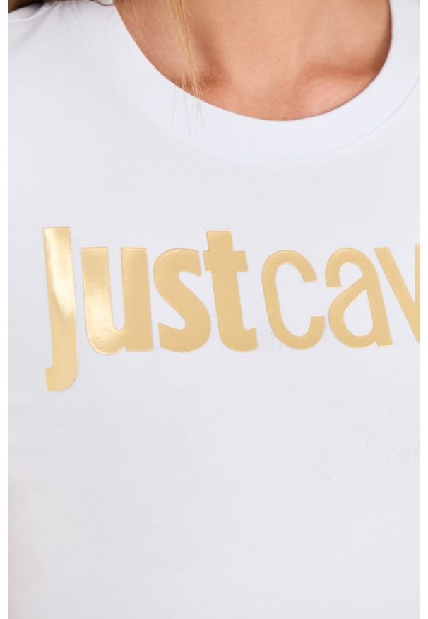 Just Cavalli - JUST CAVALLI Biały damski t-shirt Logo Gold, Rozmiar L. Kolor: biały