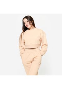 DOMYOS - Bluza do treningu siłowego damska Domyos crop. Kolor: beżowy. Materiał: materiał, prążkowany, poliester, bawełna, elastan, tkanina. Wzór: ze splotem. Sport: fitness