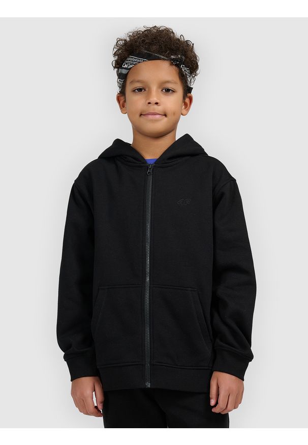 4f - 4F Bluza dresowa rozpinana z kapturem chłopięca - czarna 152 (11-12 lat). Okazja: na co dzień. Typ kołnierza: kaptur. Kolor: czarny. Materiał: dresówka. Wzór: ze splotem, gładki. Sezon: lato. Styl: casual, sportowy