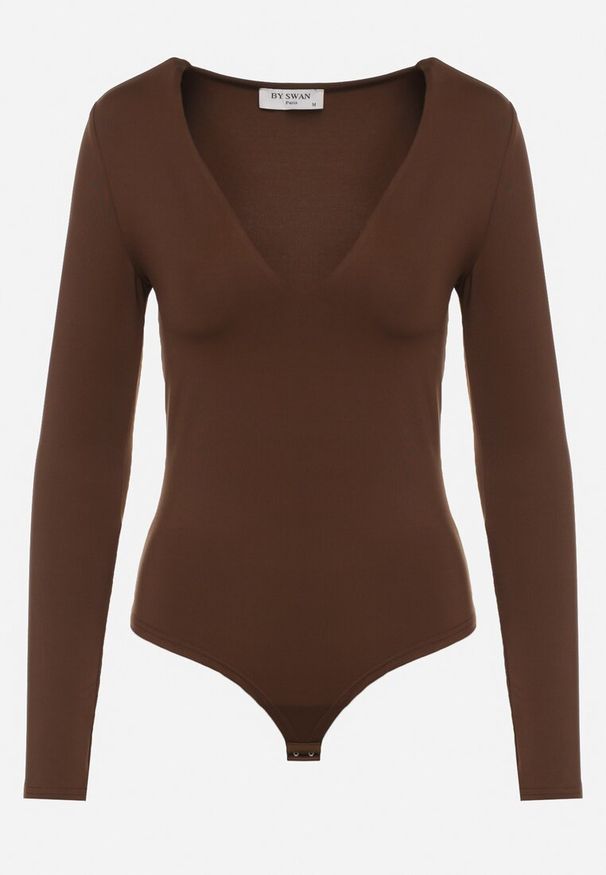 Born2be - Brązowe Body z Dekoltem w Serek i Długim Rękawem Zailea. Okazja: na co dzień, do pracy. Typ kołnierza: dekolt w serek. Kolor: brązowy. Materiał: materiał, jeans. Długość rękawa: długi rękaw. Długość: długie. Styl: klasyczny, casual
