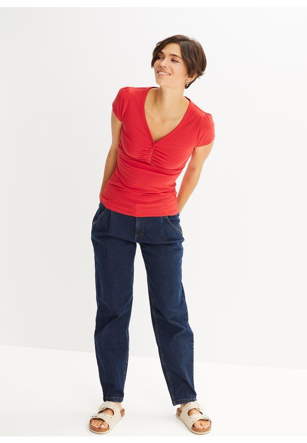 bonprix - Shirt z plisą guzikową, z bawełny organicznej. Typ kołnierza: dekolt w serek. Kolor: czerwony. Materiał: bawełna