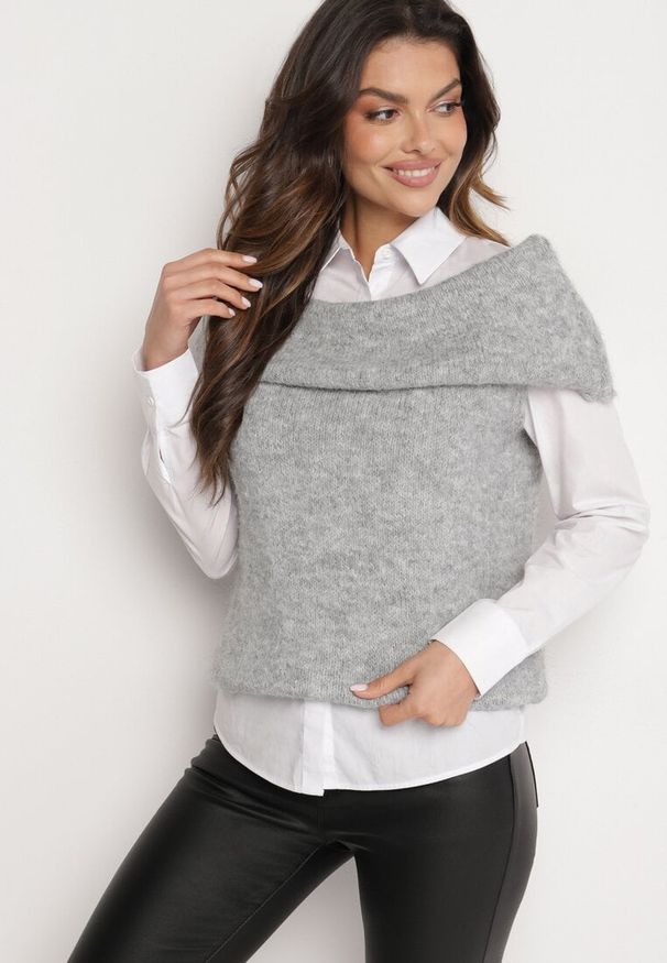 Born2be - Jasnoszara Dzianinowa Bluzka Top z Hiszpańskim Dekoltem z Wełną Inathiel. Okazja: na co dzień. Kolor: szary. Materiał: wełna, dzianina. Styl: casual, elegancki