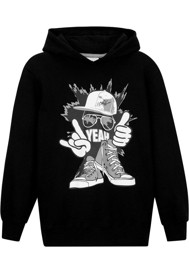 bonprix - Bluza z kapturem z miękkiej mieszanki bawełny. Okazja: na uczelnię. Typ kołnierza: kaptur. Kolor: czarny. Materiał: bawełna. Wzór: nadruk