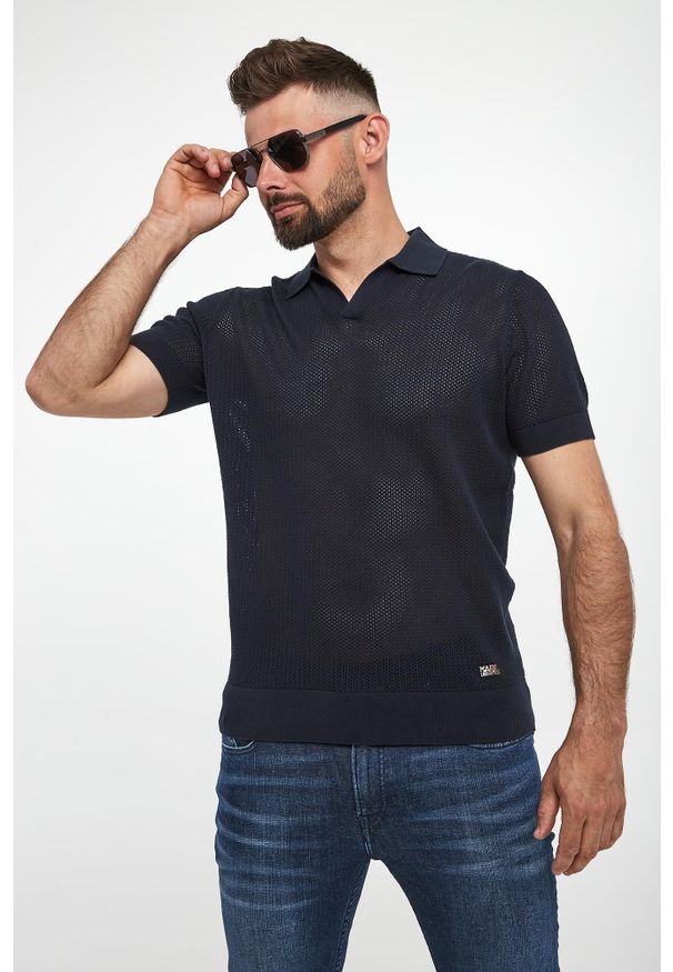 Karl Lagerfeld - Polo męskie z dzianiny ażurowej KARL LAGERFELD. Typ kołnierza: polo. Materiał: dzianina. Wzór: ażurowy