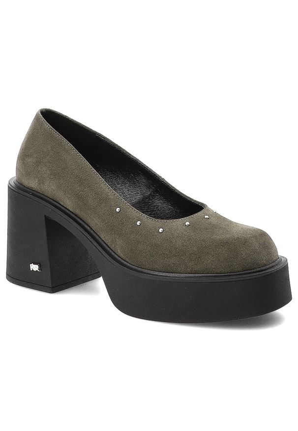 Zielone Półbuty Karino Eleganckie Obuwie Damskie. Okazja: na co dzień. Kolor: zielony. Materiał: welur. Szerokość cholewki: normalna. Wzór: aplikacja. Obcas: na obcasie. Styl: elegancki. Wysokość obcasa: średni