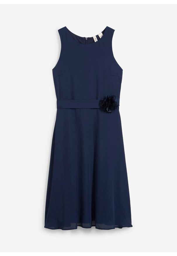 bonprix - Sukienka z kwiatową aplikacją. Kolor: niebieski. Materiał: satyna. Wzór: aplikacja, kwiaty. Sezon: lato