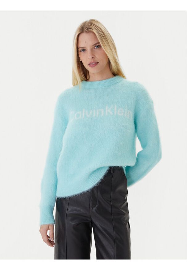 Calvin Klein Sweter LV044D359G Turkusowy Relaxed Fit. Kolor: turkusowy. Materiał: wełna, syntetyk