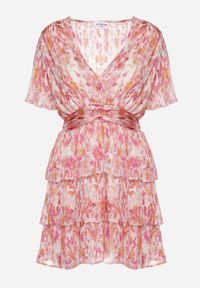 Born2be - Różowa Sukienka z Gumką w Pasie i Dekoltem w Serek z Falbankami Zdobiona Metaliczną Nicią Wralea. Typ kołnierza: dekolt w serek, kołnierz z falbankami. Kolor: różowy. Długość rękawa: krótki rękaw. Wzór: aplikacja #6