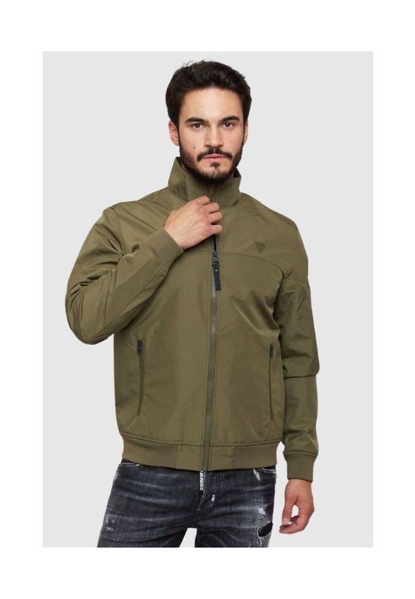 Guess - GUESS Zielona kurtka męska przejściowa, Rozmiar S. Typ kołnierza: kołnierzyk stójkowy. Kolor: zielony. Wzór: aplikacja