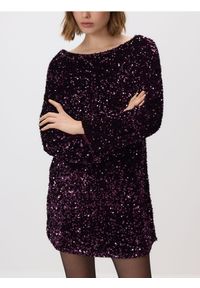 Reserved - Sukienka mini z kokardą - ciemnofioletowy. Typ kołnierza: kokarda. Kolor: fioletowy. Materiał: dzianina. Typ sukienki: proste. Długość: mini #1