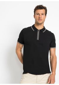 bonprix - Koszulka polo z zamkiem z bawełnianej piki. Typ kołnierza: polo. Kolor: czarny. Materiał: bawełna. Wzór: gładki #1