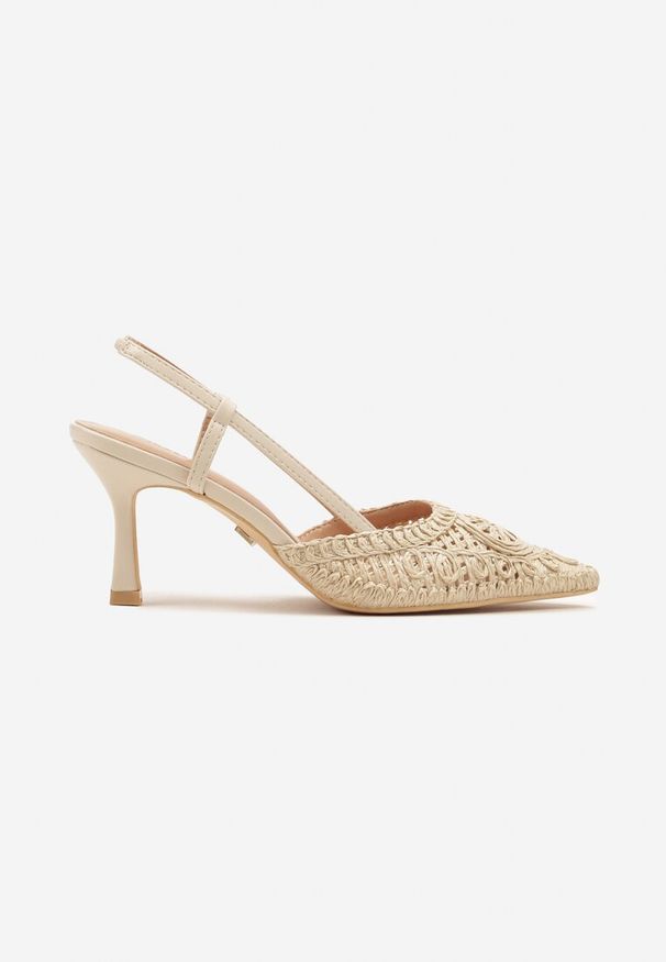 Renee - Beżowe Ażurowe Sandały Vices na Szpilce Typu Slingback Erathiela. Okazja: na co dzień. Kolor: beżowy. Materiał: jeans. Wzór: ażurowy. Obcas: na szpilce. Styl: elegancki, casual