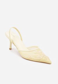 Renee - Żółte Szpilki VICES Slingback z Noskami w Szpic Ozdobionymi Haftem i Koralikami Laraidina. Zapięcie: pasek. Kolor: żółty. Materiał: satyna. Wzór: aplikacja, haft. Obcas: na szpilce #2
