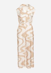 Born2be - Beżowy Długi Kombinezon z Gumką w Pasie w Geometryczny Wzór z Wiskozą Orivia. Okazja: na co dzień. Kolor: beżowy. Materiał: wiskoza. Długość: długie. Wzór: geometria. Styl: casual, klasyczny #5