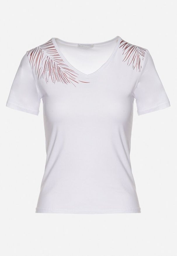 Born2be - Biały Bawełniany T-shirt z Dekoltem w Serek z Cyrkoniową Aplikacją Nirivale. Okazja: na co dzień. Typ kołnierza: dekolt w serek. Kolor: biały. Materiał: bawełna. Wzór: aplikacja. Styl: elegancki, casual