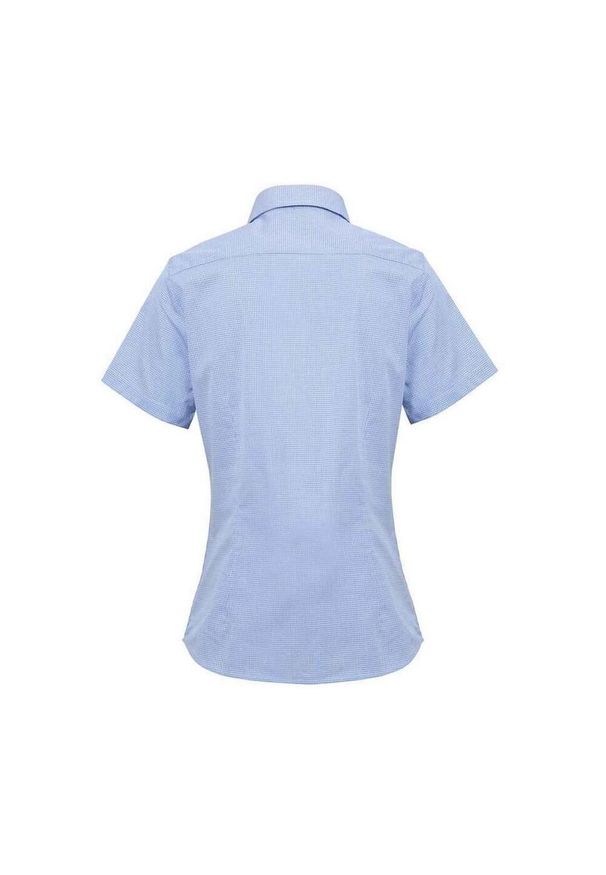 PREMIER - Damska Bawełniana Koszula Z Krótkim Rękawem W Kratkę Micro Gingham. Kolor: biały, niebieski, wielokolorowy. Materiał: bawełna. Długość rękawa: krótki rękaw. Długość: krótkie. Wzór: kratka