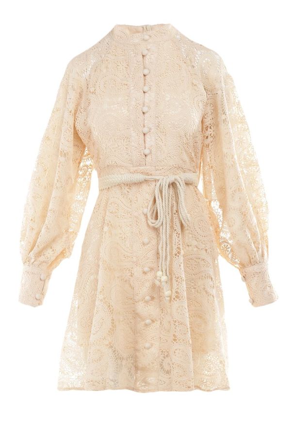 Born2be - Jasnobeżowa Sukienka Rhenitrite. Kolor: beżowy. Materiał: koronka. Wzór: aplikacja. Sezon: lato. Typ sukienki: rozkloszowane. Styl: klasyczny. Długość: mini